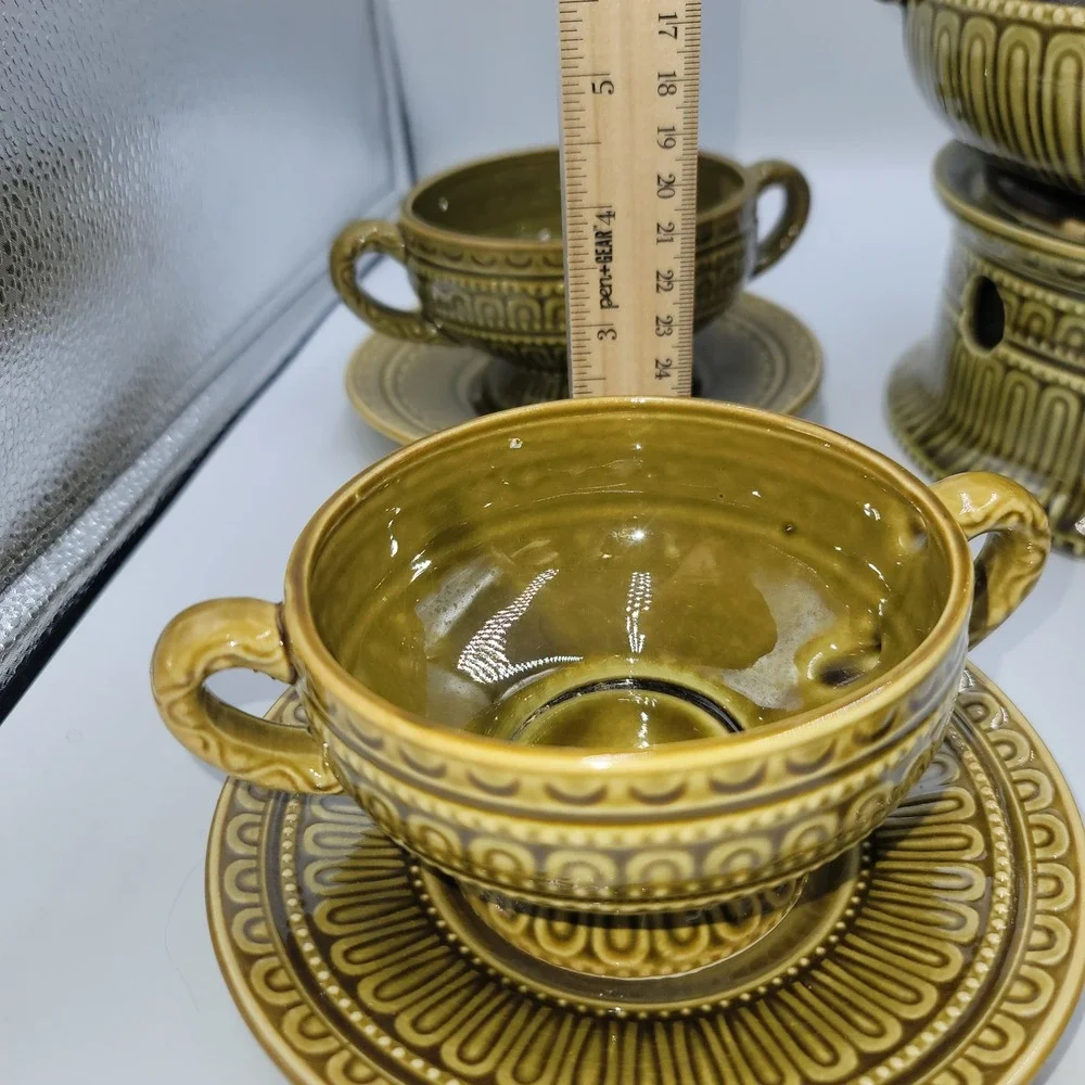 Vintage Olive Green Ceramic Soup Tureen Set with Warmer 4 Bowls and Saucers MCM